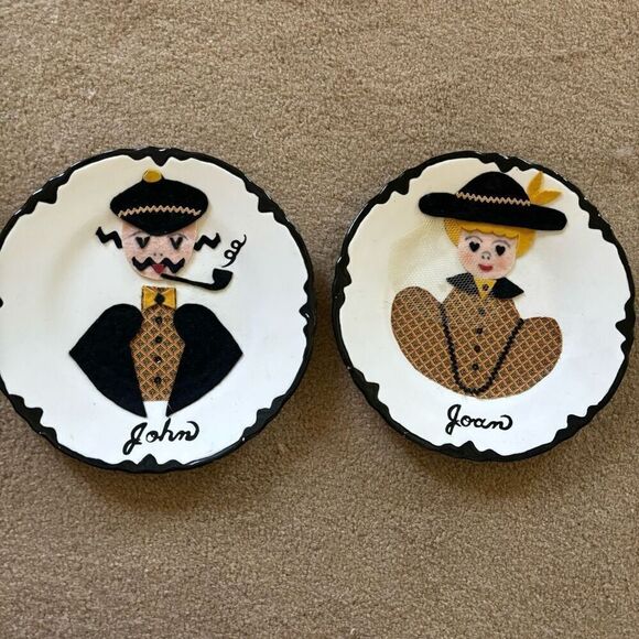 Vintage 1960’s Victorian Felt Man & Woman Decorative Plates - Picture 1 of 5